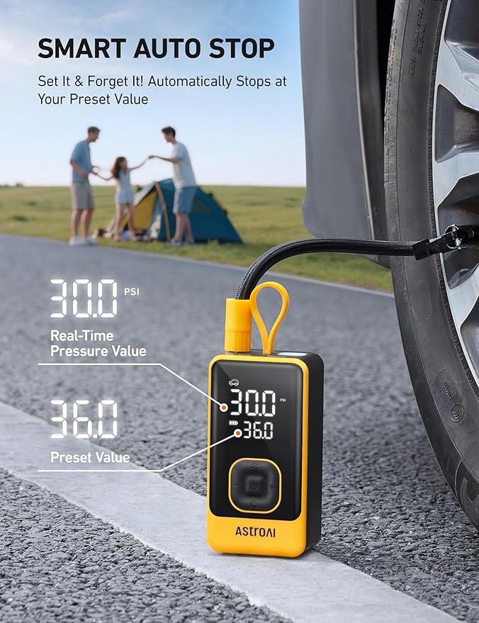 L7 Air Tire Inflator Portable Air Compressor, 150PSI Electric Cordless Car Pump with Digital Gauge, Fast 1-Min Inflation, Auto Shutoff, LED Light for Car, SUV, Motorcycle & Bike Tires, Yellow