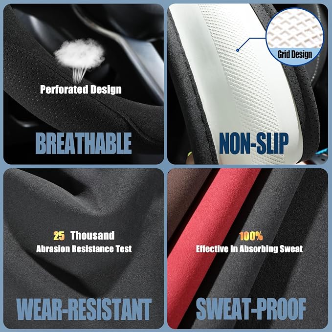 Black Suede D Shaped Steering Wheel Cover, Breathable Non-Slip Sweat-Proof Wear-Resistant No Pilling, Warm in Winter and Cool in Summer, Universal 15 inch