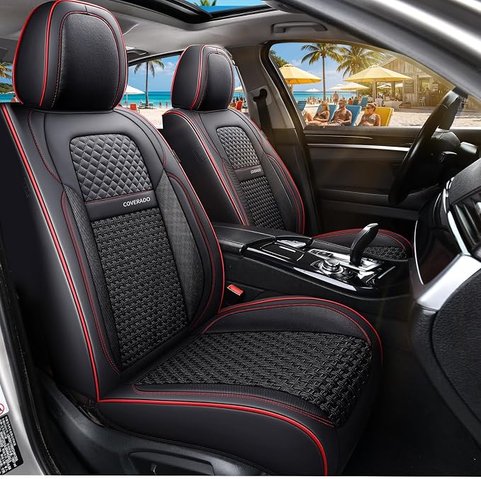 Coverado Car Seat Covers Front Seats, Waterproof Front Seat Covers Nappa Leather Seat Covers for Cars, Breathable Summer Car Seat Cushion Universal Fit for Most Cars SUV Trucks(Front, Black)