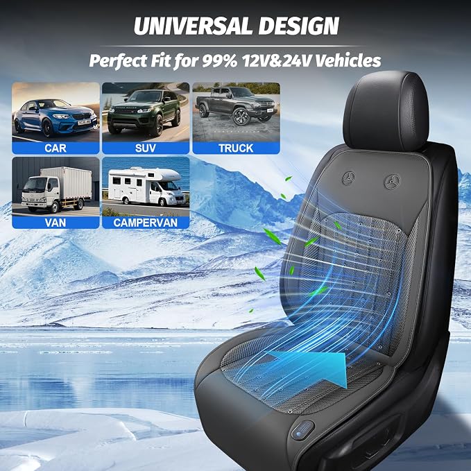 Cooling Car Seat Cover with 2 Turbo Fans – 12V-24V Ventilated Car Seat Cushion, Breathable Car Seat Cooling Pad for Sweaty Back, Universal Fit Cooling Seat Covers for Cars SUV Truck Grey
