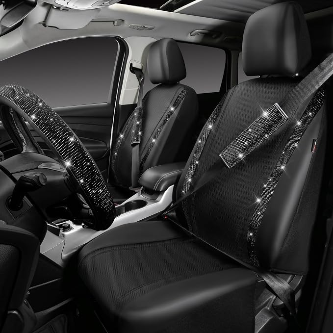 Leather Bling Seat Covers Full Sets 16 pcs, Bling Diamond Car Accessories Set for Women, Sparkly Rhinestone Steering Wheel Cover, Glitter Cute Car Interior Sets for Women Girl, Black Diamond