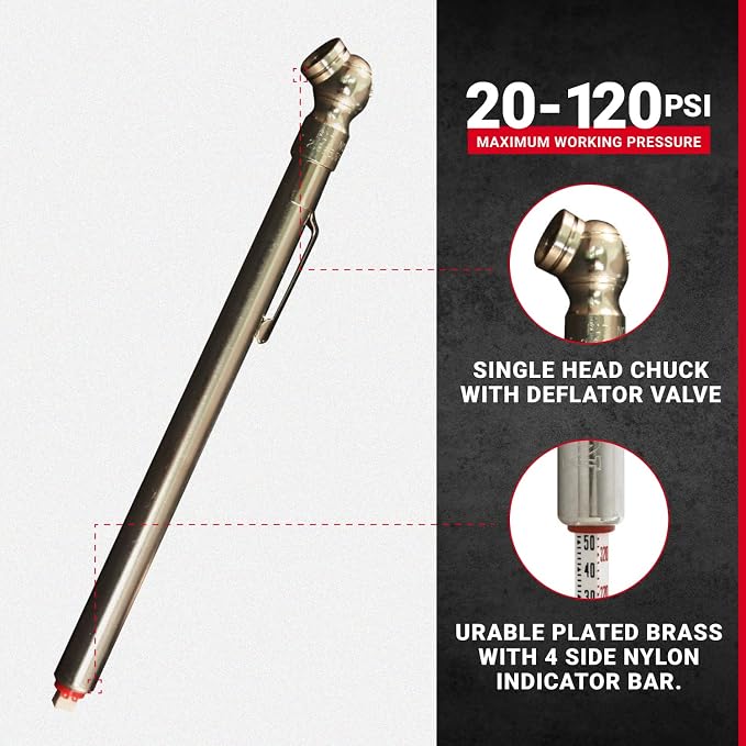 S-925 Pencil Tire Pressure Gauge for Trucks, RV’s & Bicycle Tires, Single Head Chuck with Built-in Deflator Valve, Durable Plated Brass, Pressure Measured in PSI & kPa