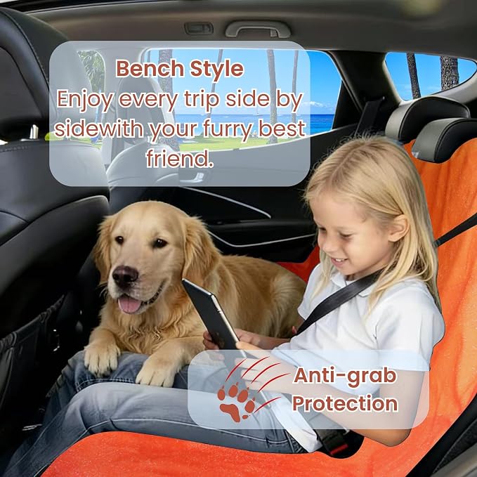 Waterproof Back Seat Cover for Dogs and Kids, Car Seat Protector Under Baby Car Seat, Child and Dog Car Seat Cover Blanket for Rear Bench(Orange, Rear Bench Seat Towel)