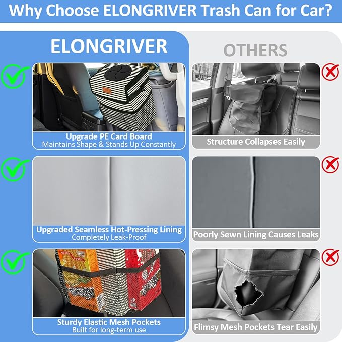 Car Trash Can Bin for Back Seat Leak Proof, Cute Car Trash Bag Hanging, Vehicle Trash Can for SUV Truck Van, Automotive Garbage Cans Front Seat Stripe