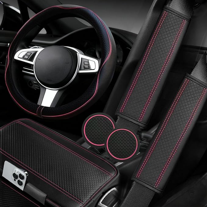 6 PCS Car Steering Wheel Cover Set, Microfiber Leather Steering Wheel Covers Universal 14.5-15 inch, Center Console Cover, Seat Belt Cushion, Cup Holder Coaster, Car Accessories Set Pink