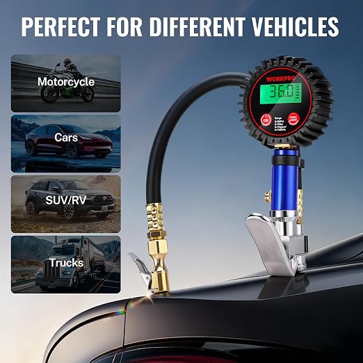 12PCS Digital Tire Pressure Gauge with Inflator, 250 PSI, Heavy Duty Air Compressor Attachments with Storage Bag, Tire Gauge with Brass Air Chuck and Rubber Hose for Vehicles and Inflatables