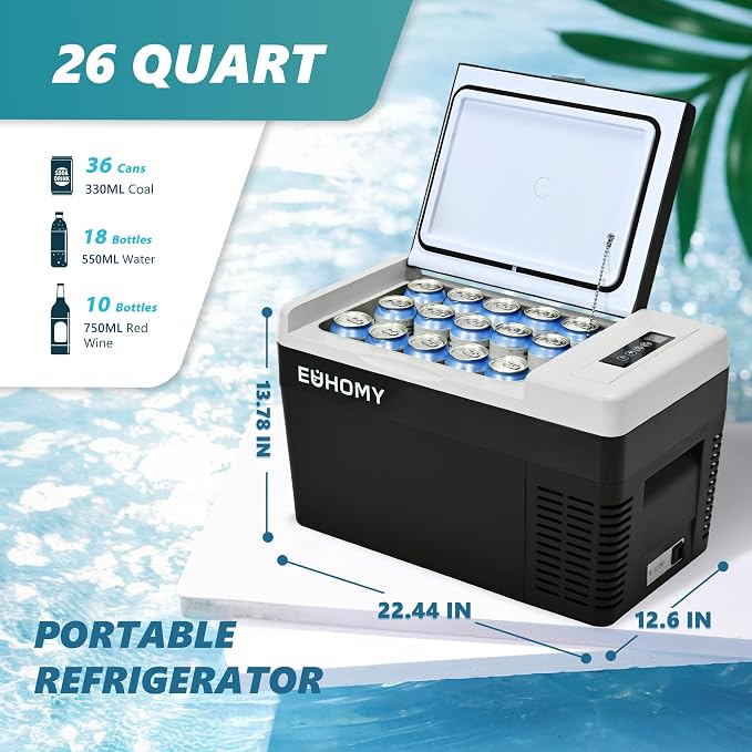 12 Volt Refrigerator, 26QT(25L) Compressor Electric Cooler APP Control, Car Fridge -4℉~68℉, Portable Refrigerator 12/24V DC 100-240V AC, Portable Freezer for Camping, Travel, Boat