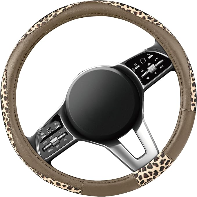 Steering Wheel Cover - Made with PVC Leather and Leopard Fabric - Universal 14 1/2 inches to 15 inches for Most Automotive Steering Wheel - Cheetah Print -Beige