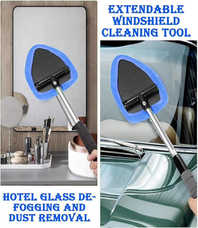 Car Windshield Cleaner Tool with Reusable Microfiber Pads Extendable Handle(1, Blue)