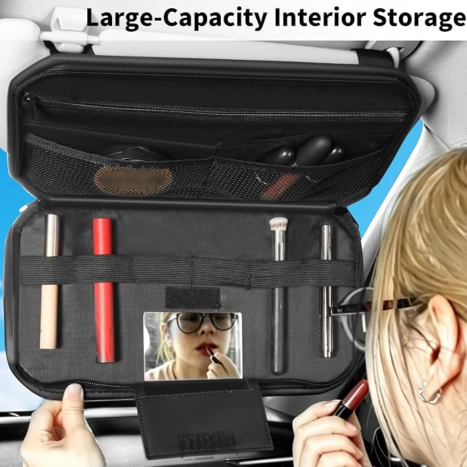 Car Sun Visor Organizer with Zipper Pockets PU Leather Storage Bag with Elastic Straps and Glasses Clip Sunvisor Organizers for Car SUV Truck