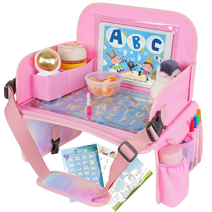 Kids Travel Tray, Car Seat Table Tray, Road Trip Essentials with Educational Drawing Board, Tablet Holder & Cooler Cup Holder, Travel Table for Kids Gifts in Car, Airplane, Multicoloured