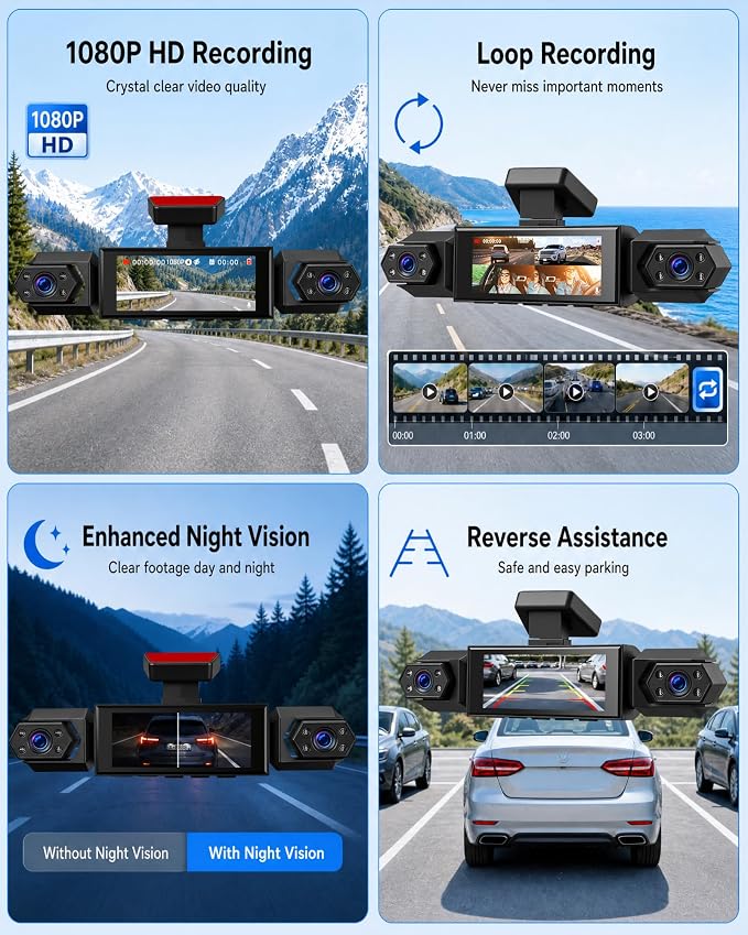 4 Channel 360° Dash Cam, 1080P FHD Front and Rear Camera for Cars, 8 Non-Glare Night Vision Lights, Loop Recording, Reverse Assistance, 3.16" IPS Screen, Interior Monitoring