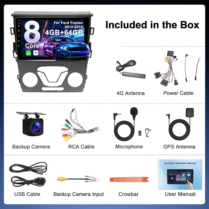 8 Core 4G+64G Car Radio for Ford Fusion Mondeo 2013-2019: Fit Manual AC | Upgrade Android 15 9" Touchscreen Stereo CarPlay Android Auto, BT, WiFi 6, GPS, AM, FM, RDS, 36EQ, SWC, 1080P Backup Camera