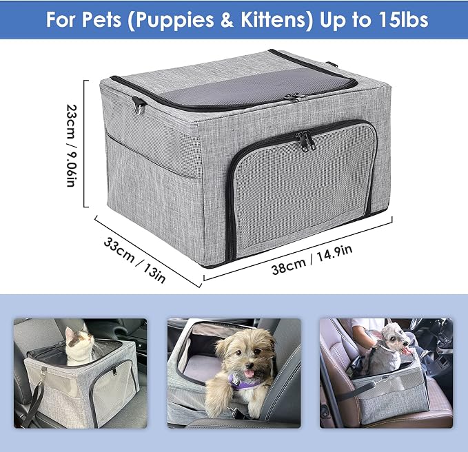 Dog Booster Car Seat, Reinforce Metal Frame Safe Pet Car Seat with Seatbelt & Waterproof Pee Pad & Top Cover | Portable Collapsible Puppy Carrier Bag | for Small Medium Dogs Cats up to 15lbs