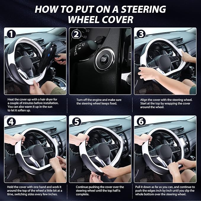 Flat Bottom Steering Wheel Cover, D Shaped Car Wheel Cover 14 1/2-15 in. (37-39 cm), Black White Microfiber Leather