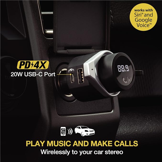 BTFMPD3SR FM Bluetooth Radio Transmitter for Car, Hands-Free Kit with Dual USB Charging Ports, 12W USB-A + 20W Fast Type-C Car Charger, Wireless Adapter for Calls, Siri and Google Assistant