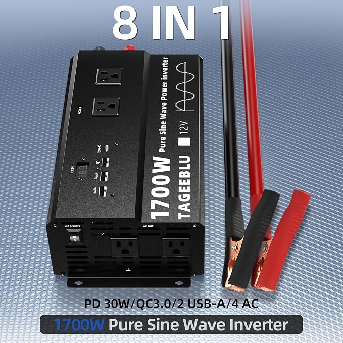 1700W Pure Sine Wave Power Inverter 12V DC to 110V 120V AC for Solar, Truck | Inverter for Car with 4 AC Outlets & 4 USB (30W QC & PD), LCD Display, 3400W Peak, Car Converter for RV Home Off-Grid Camping