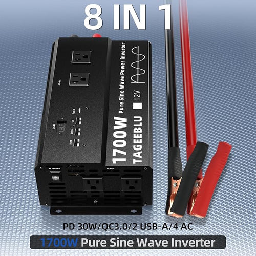 1700W Pure Sine Wave Power Inverter 12V DC to 110V 120V AC for Solar, Truck | Inverter for Car with 4 AC Outlets & 4 USB (30W QC & PD), LCD Display, 3400W Peak, Car Converter for RV Home Off-Grid Camping