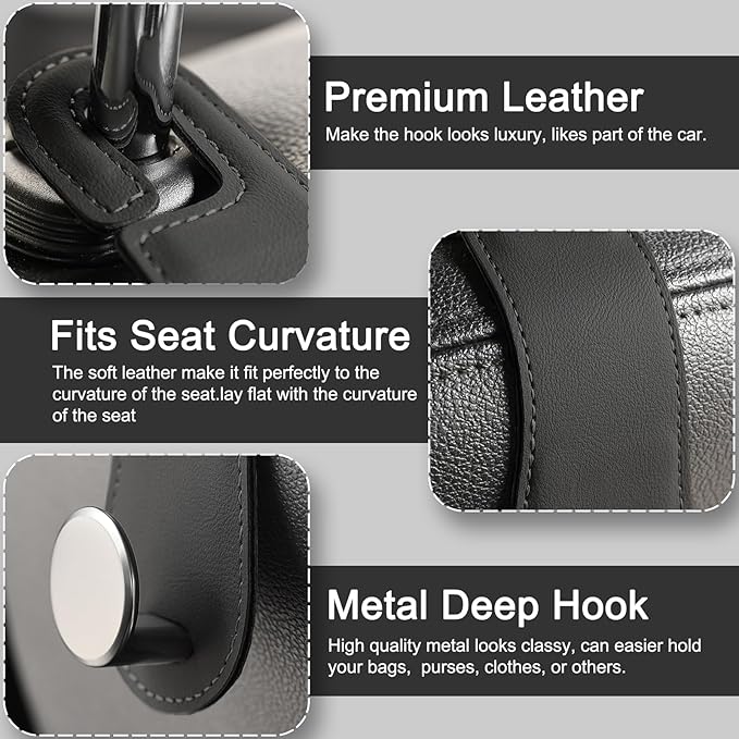 Leather Car Seat Storage Hanger, 2 Pack, Stylish Seat Organizer Hooks for Purses, Bags, Coats, Umbrellas, Black