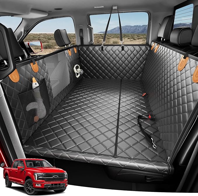 Heavy-Duty Dog Truck Seat Cover, Flat Solid Back Seat Extender for Multi Large Dogs, Hard Bottom Supports 450 lb, Waterproof Hammock Protector, XL for Full-Size Crew Cab Trucks & SUVs, Matte Blk