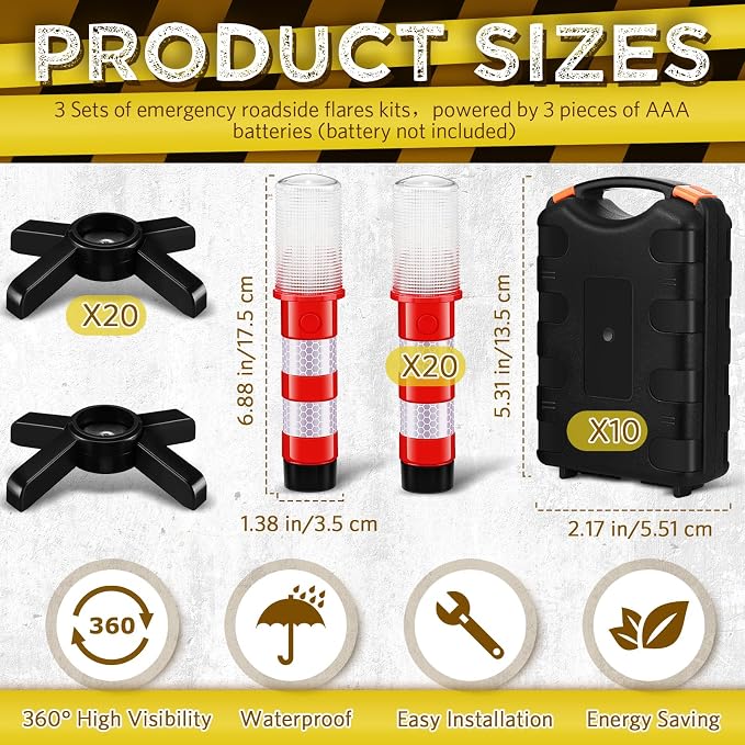 16 Pcs Emergency Roadside Flares Bulk Kit LED Safety Strobe Road Warning Light Bright Red Safety Beacon Strobe Light Roadside Flare Magnetic Base Detachable Stand Vehicle (Batteries Excluded)