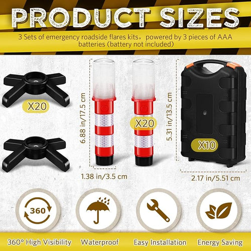 16 Pcs Emergency Roadside Flares Bulk Kit LED Safety Strobe Road Warning Light Bright Red Safety Beacon Strobe Light Roadside Flare Magnetic Base Detachable Stand Vehicle (Batteries Excluded)