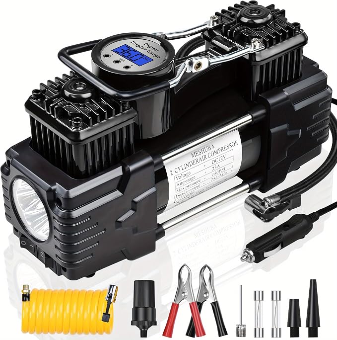 Dual Cylinder Portable Tire Inflator Air Compressor, 150 PSI 12V DC Air Pump with Digital Display, Emergency LED Light, Auto Shut-Off, Heavy Duty