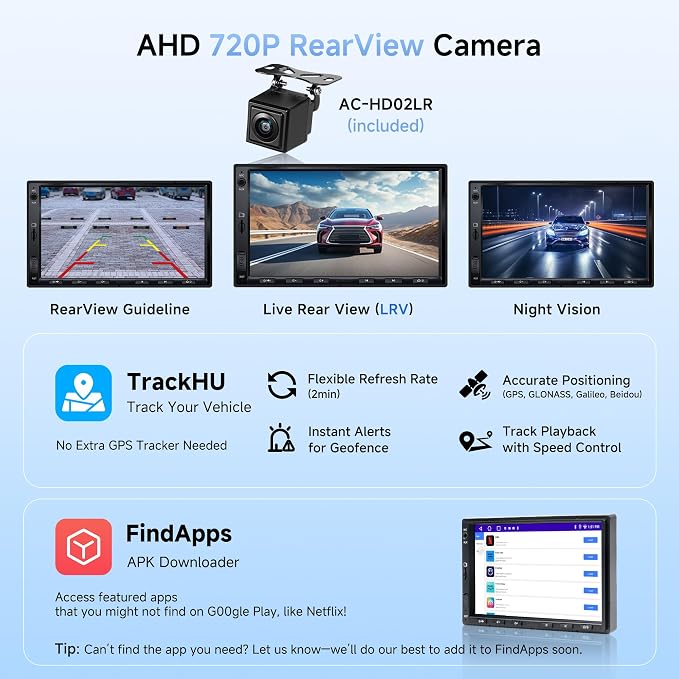 A5L 7inch Android Double DIN Car Stereo & Backup Camera, Wireless CarPlay& Android Auto Touchscreen Head Unit, WiFi/Bluetooth/USB, 2G+32G,MirrorLink, 24B-EQ DSP, FM/AM,GPS Tracking &AI Chat