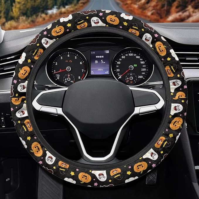 Elastic Steering Wheel Cover Non-Slip Steering Wheel Protection | Ghost Pumpkin Print, Halloween Decor, Steering Wheel Protector No Smell Fashion Machine Washable Universal