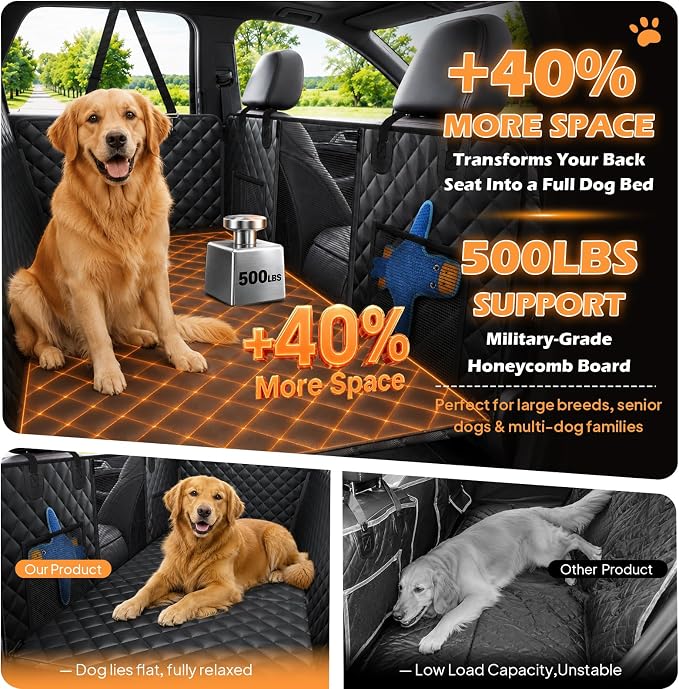 Waterproof Hard Bottom Back Seat Extender for Dogs XL, Truck SUV Cover | Honeycomb board holds 500lbs, non-slip dog hammock for truck SUV back seat. For large dogs, fits most trucks & full-size SUV