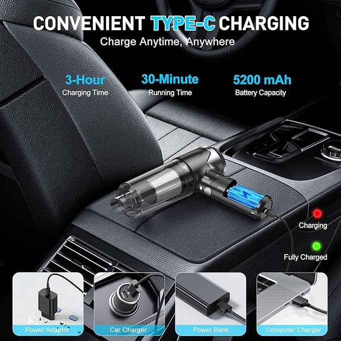 Handheld Car Vacuum Cleaner, 10000PA Vacuum Cleaner & Air Duster, 120W High Power Vacuum Portable Cordless, Hand Held Vacuum Rechargeable with Multi-Nozzles & LED Light for Home, Car, Office