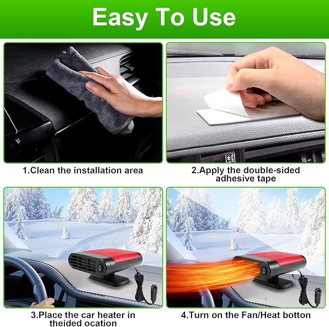 150W 12V Car Heater, Fast Heating 3-in-1 Portable Auto Defroster & Defogger with 360° Adjustable Vent, Quick Heat Fan for Windshield Winter Warming