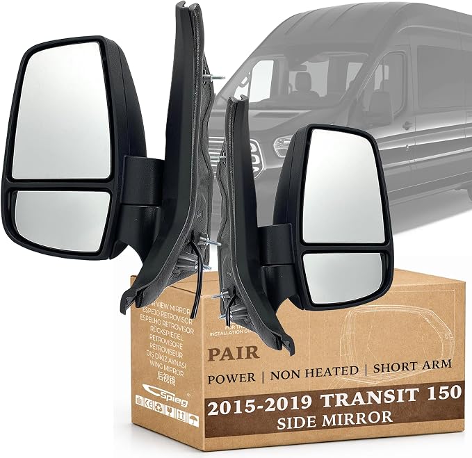 Side Mirror Set for 2015-2019 Ford Transit 150 250 350 HD Cargo Van | Pair Side View Mirror Assembly with Power Adjustment Non-Heated Short Arm | Textured Black 6 Pins FO1320551 and FO1321600