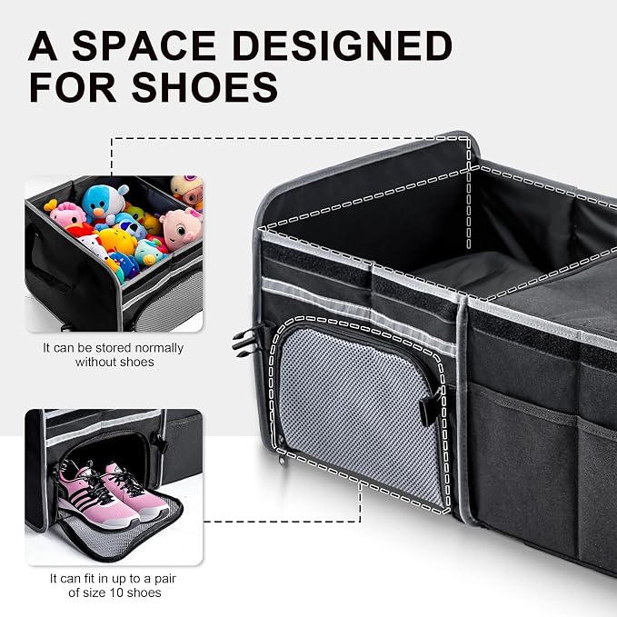 Bold Color Block Trunk Organizer | 95L, 35"x13.8"x11.8" | Dedicated Shoe Storage & 26L Ice Pack | Foldable for SUV/Car/Jeep | Stylish Gift & Essential Car Accessories for Drivers - Black-X212