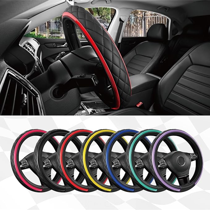 Leather Steering Wheel Cover – Black & Red Universal Fit 14.5-15 Inch, Microfiber Leather, Anti-Slip & Breathable Design for Men and Women