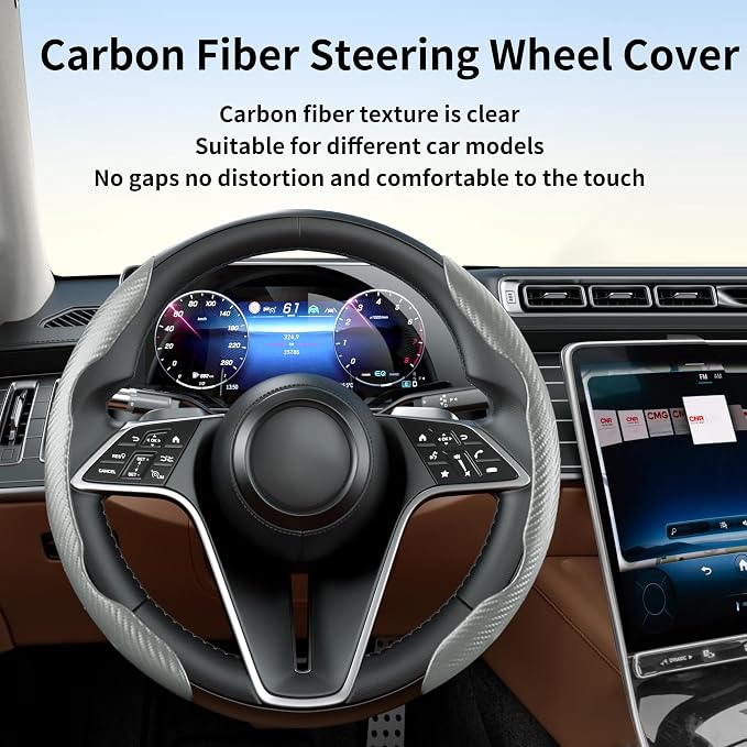 2Pc Carbon Fiber Steering Wheel Cover Universal Fit 99% Cars | Non-slip soft grip, easy to wipe clean, quick to install, perfect for daily commutes and road trips, Gray