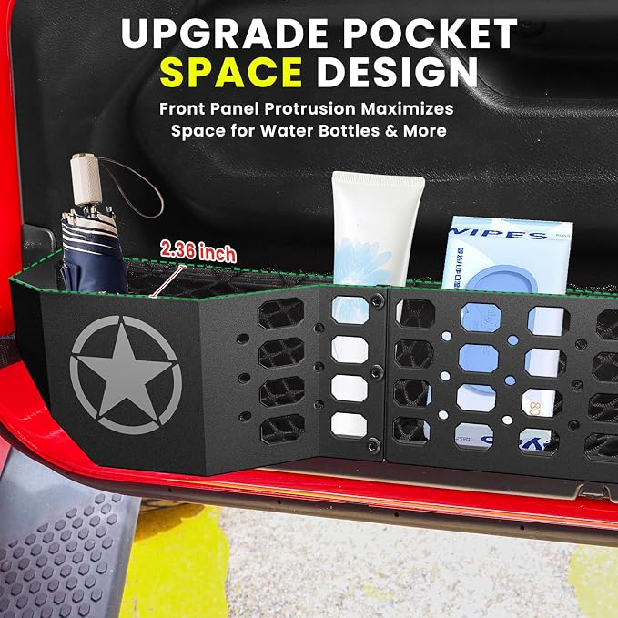 Metal Front Door Storage Box Pockets Fit for Jeep Wrangler,Door Side Insert Organizer for Jeep Wrangler JL JLU 4XE 2018-2025 & Gladiator JT 2020-2025 Interior Door Storage Expansion Accessories 2PCS