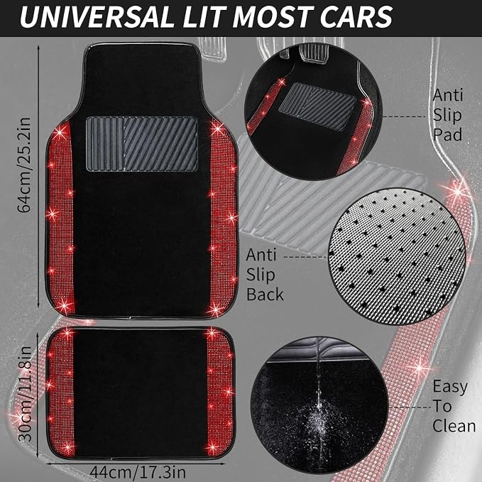 12 Pcs Bling Car Accessories Set for Women Car Floor Mats Full Set Steering Wheel Cover Seat Belt Covers Coasters Universal Fit Car SUV Truck Van Red