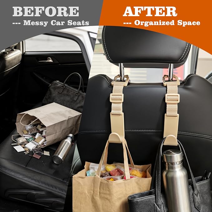Car Headrest Hooks 4 Pack Adjustable Universal Fit Auto Seat Back Organizer Storage Hanger Purse Bags Holder with Clip Beige