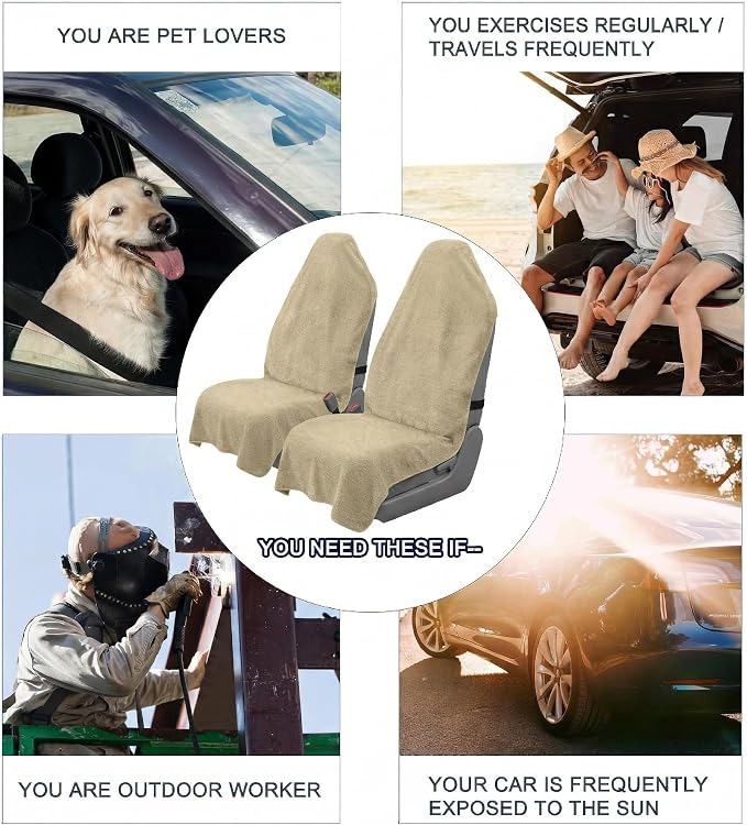 Car Seat Towel Cover, 2 Pack Universal Front Seat Protector for Cars, SUVs and Trucks, Sweat Towel Car Seat Cover for Gym, Yoga, Swimming, Pets and Family Travel, Beige