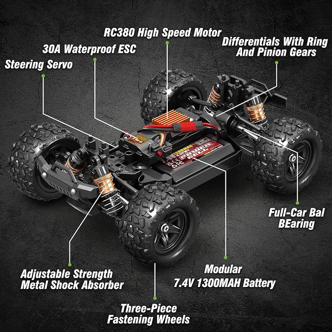 1:18 All Terrain RC Car for Adults & Boys (HS18-05), 4WD Off-Road RC Truck High Speed Fast 40+ KPH, 4X4 Waterproof Remote Control Car with 2 Rechargeable Batteries