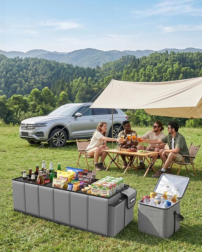 Trunk Organizer, Sturdy Foldable with Cooler for Car & SUV, 3 Compartments, Grey, 30.90”×12.60”×10.63”