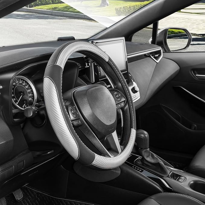 Car Steering Wheel Cover for Prius Civic Model 3 Model Y Camaro, Small Size 14-14.25 inch, Auto Interior Accessories, Black with Sliver Carbon Fiber Pattern
