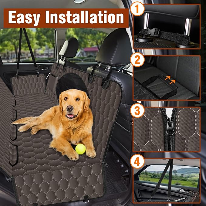 Waterproof Dog Car Seat Cover for Back Seat, Pet Hammock- S, Brown/Black | Durable waterproof hammock with nonslip design & storage pockets. Protects seats from scratches, fits cars, SUVs & trucks.
