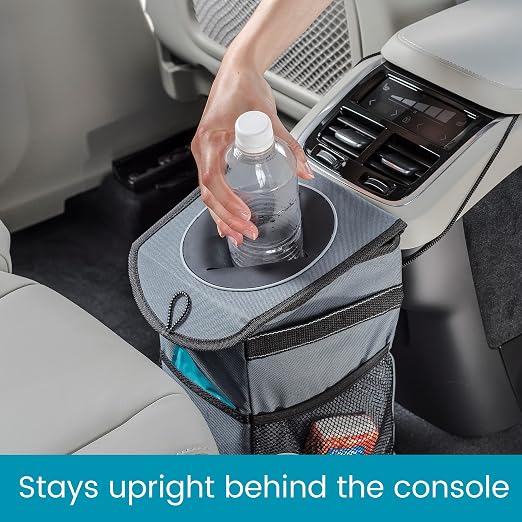 StashAway Heavy Duty Car Trash Can with Rubber Lid, 3 Storage Pockets and Sturdy Panels for Stable Floor or Hanging Seatback Use (Gray)