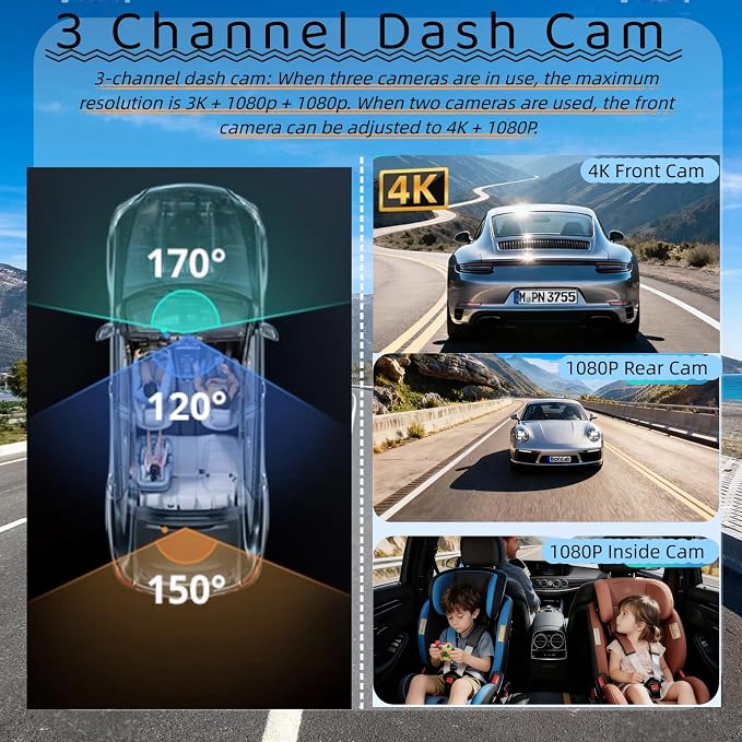3 Channel Mirror Dash Cam, 12" Triple Rear View Mirror with Front 4K, Inside and Rear 1080P Cameras with 5.8GHz WiFi, G-Sensor, Night Vision, Reverse Assist, Parking Monitor
