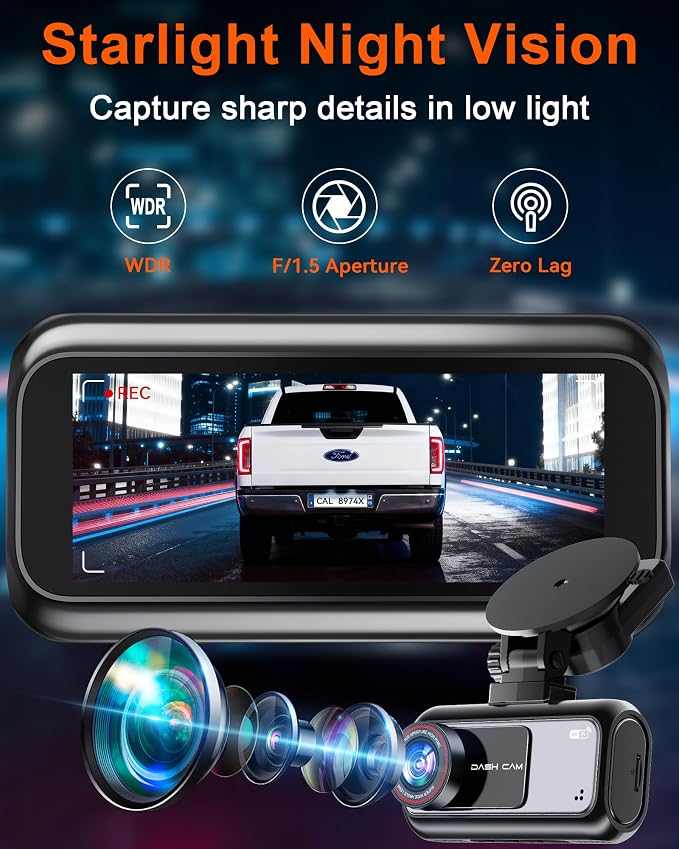Truck Dash Cam Easy-Steup: Dual Camera 4K Front and 2K Rear with Night Vision GPS WiFi Clear Captures Pickup Trucks License Plates - 72H Parking Monitoring for Daily Commute