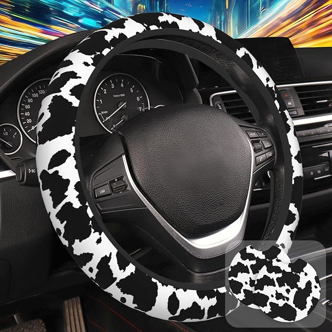 Black and White Cow Fur Print Steering Wheel Cover for Women, Anti-Slip Car Steering Wheel Cover with 2 Pcs Cup Holders Neoprene Breathable Car Accessories Universal 15 Inch Auto Interior Decor