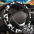 Black and White Cow Fur Print Steering Wheel Cover for Women, Anti-Slip Car Steering Wheel Cover with 2 Pcs Cup Holders Neoprene Breathable Car Accessories Universal 15 Inch Auto Interior Decor