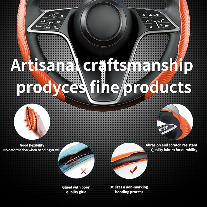 3Pcs Carbon Fiber Steering Wheel Cover Universal Fit 99% Cars | Non-slip soft grip, easy to wipe clean, quick to install, perfect for daily commutes and road trips, Orange